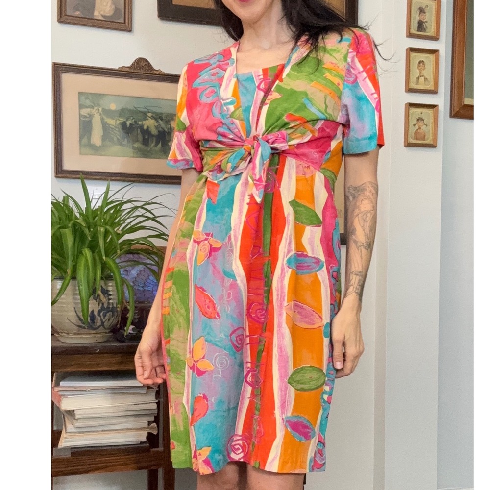 Vintage 80s 90s Rabbit Designs Abstract Whimsical Print Dress Tie Jacket Set M L